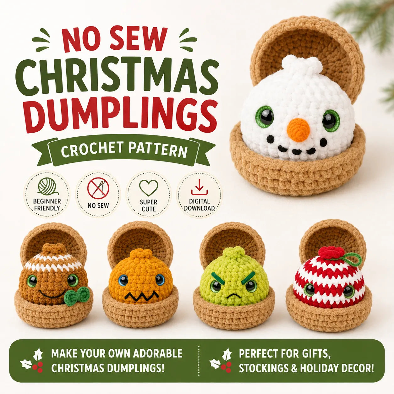 No-Sew Christmas Dumplings & Steamer Crochet Pattern