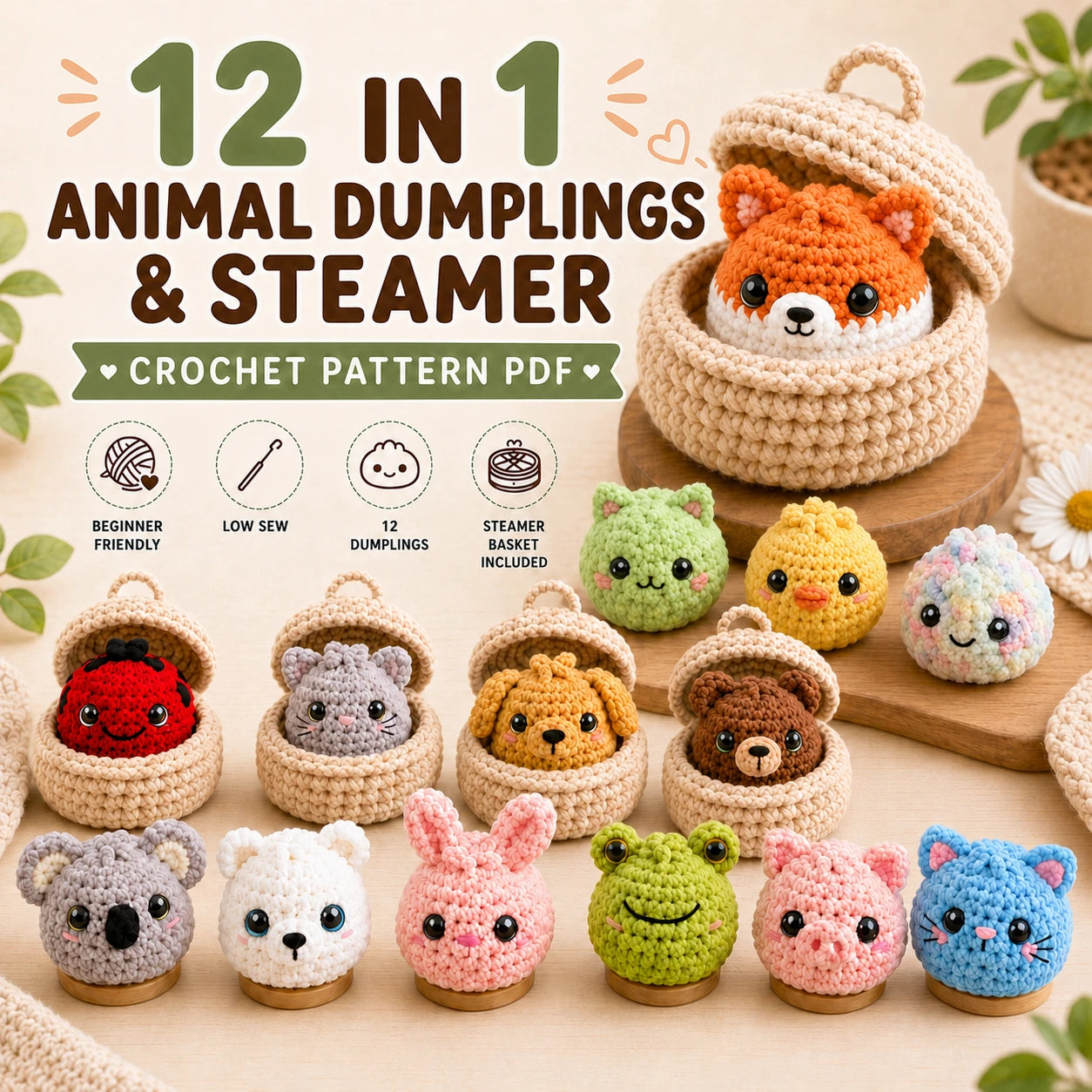 12 in 1 Crochet Animal Dumplings & Steamer Pattern