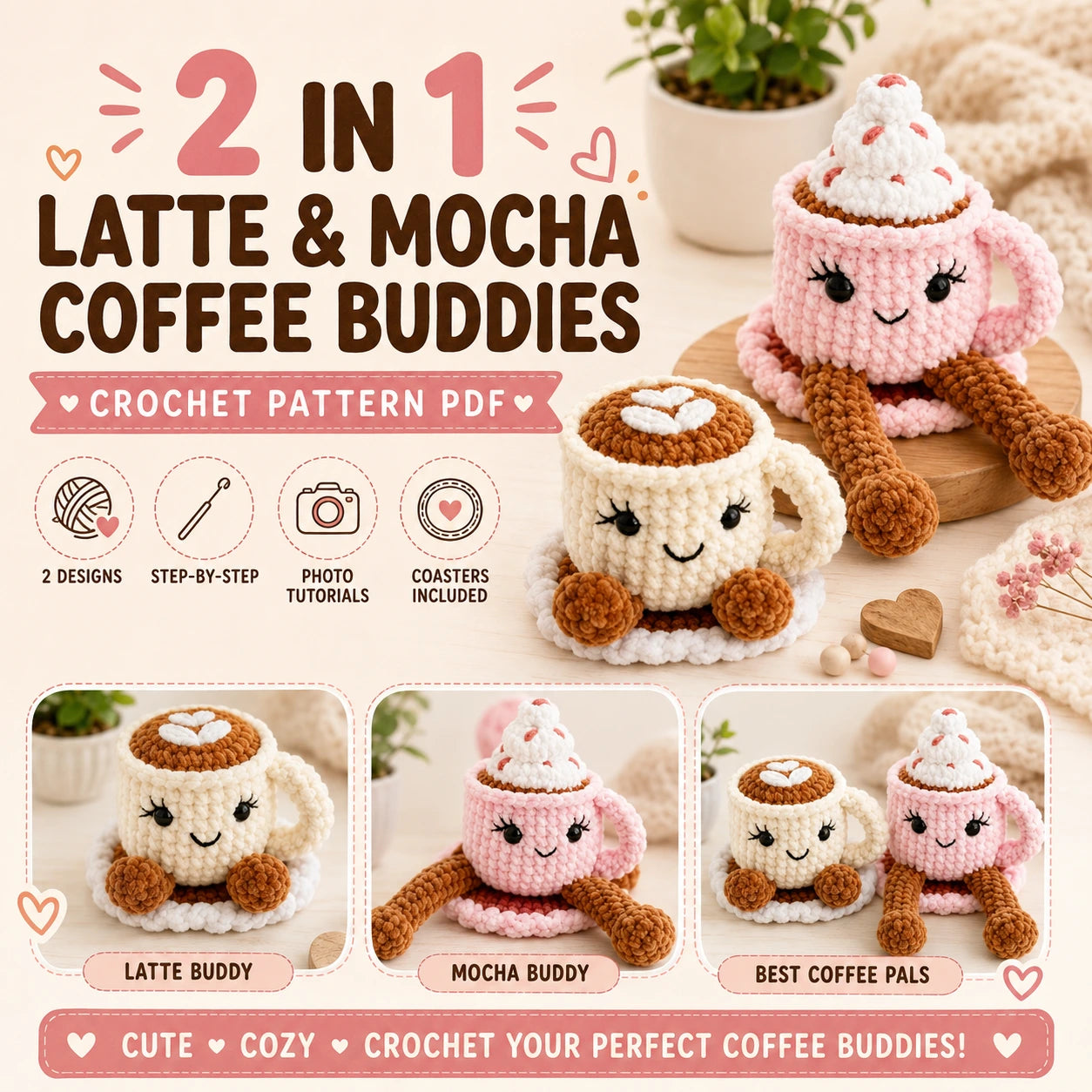 Latte & Mocha Coffee Buddies Crochet Pattern ☕💗