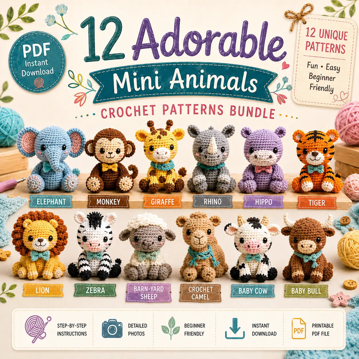 12 in 1 Crochet Mini Animals Patterns