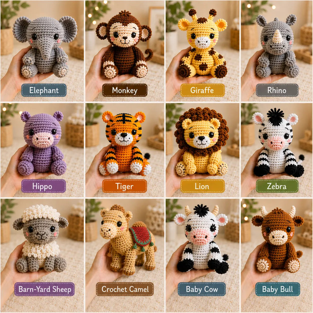 12 in 1 Crochet Mini Animals Patterns