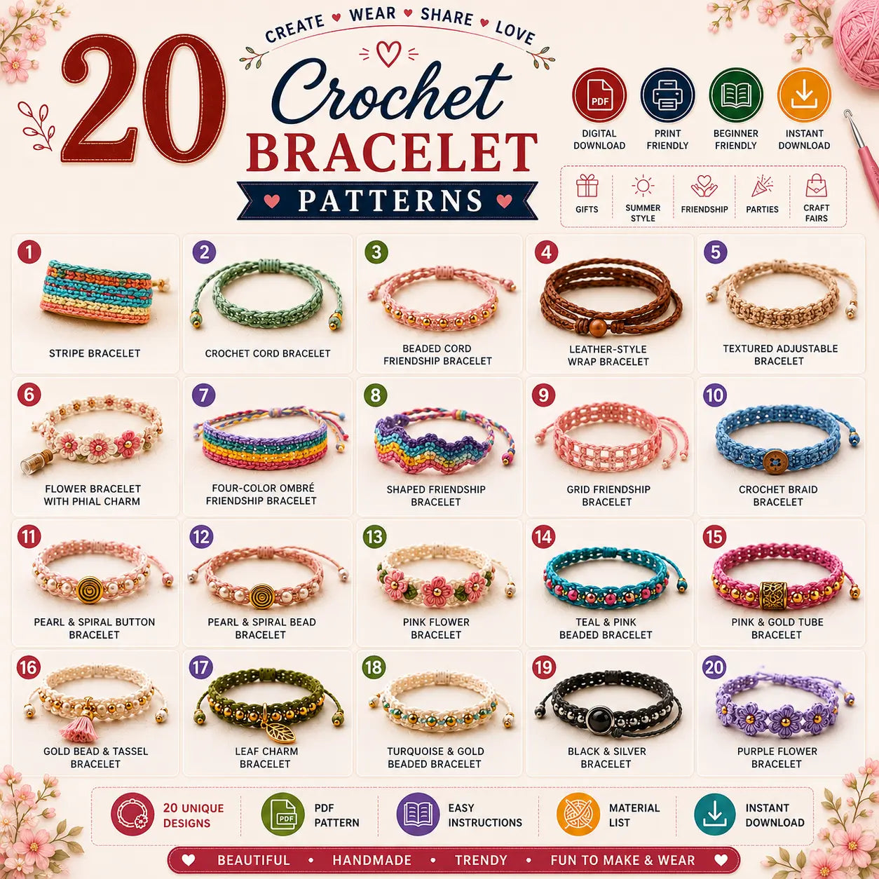 20 in 1 Crochet Bracelet Patterns Bundle
