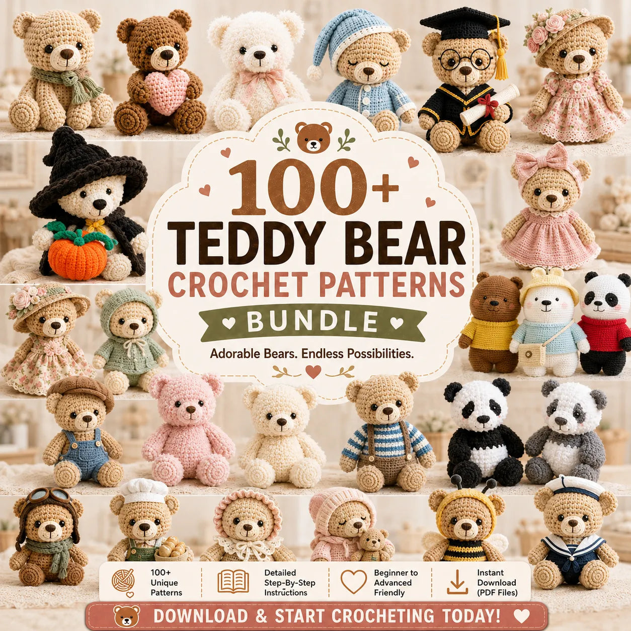 100+ Crochet Teddy Bear Patterns Bundle